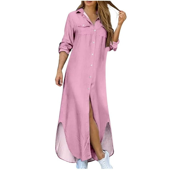 ZZwxWA Dresses for Women 2025 Long Sleeve Lapel Solid Maxi Dress Trendy Button Down Plus Size Casual Irregular Summer Holiday Beach Party Dresses Pink XXL