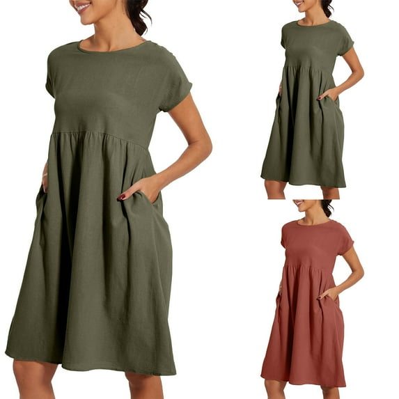 ZZwxWA Dresses for Women 2025 Casual Summer Cotton Dress with Pockets Short Sleeve Midi Dress A Line Flowy Solid Beach Sundress