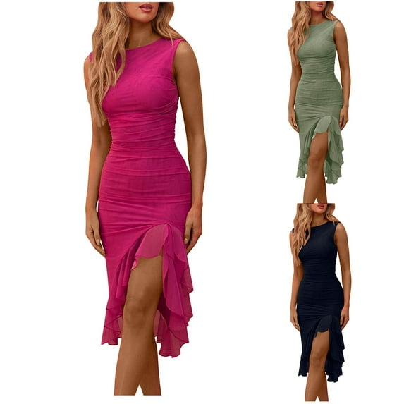 ZZwxWA Dresses for Women Wedding Guest Summer Midi Dresses Casual Sleevless Tunic Slim Dresses Sexy Split Ruffle Hem Bodycon Dress Cocktail Party