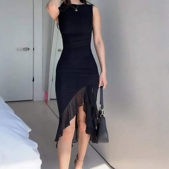 ZZwxWA Dresses for Women Wedding Guest Summer Midi Dresses Casual Sleevless Tunic Slim Dresses Sexy Split Ruffle Hem Bodycon Dress Cocktail Party