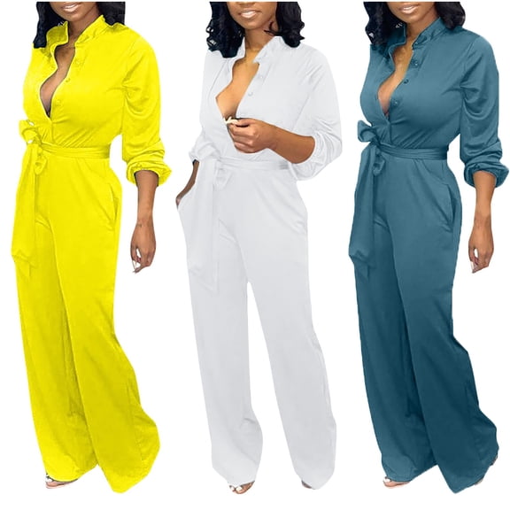 ZZwxWA Dressy Jumpsuits for Women Deep V Neck Long Sleeve Belted Formal Jumpsuits Wide Leg Pant One-Piece Outfits with Pockets