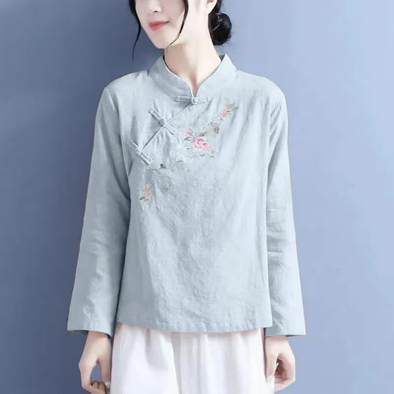 ZZwxWA Embroidery Qipao Shirts Womens Traditional Tang Suits Long Sleeve Mandarin Collar Casual Chinese Cheongsam Tops
