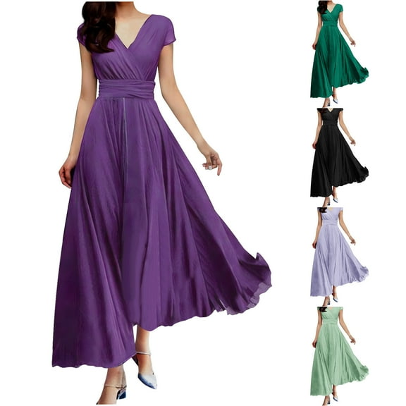 ZZwxWA Evening Dresses for Women Formal 2025 Empire Waist Plus Size Dresses Solid Short Sleeve Ankle Length Sundress S-5XL