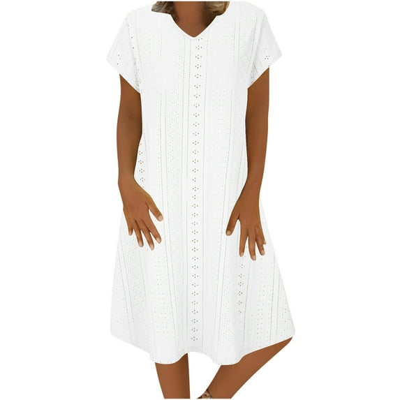 ZZwxWA Eyelet Dress for Women Casual Solid Color Loose Sundresses T Shirt Dresses Summer Dresses 2025