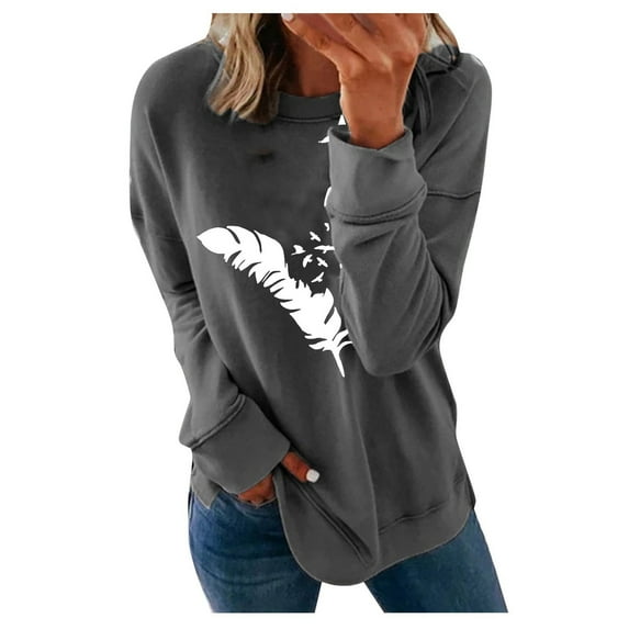 ZZwxWA Fall and Winter Sweatshirt for Womens Loose Fit Hoodless Cute Tops Slit Hem Blouse Long Sleeve Womens Hoodies Feather Print Casual Tops Crewneck Shirts Reduced Price