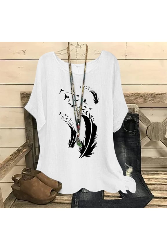 Fashion Feather Printing Womens Tops Cotton Linen Wide Short Sleeve Crew Neck Blouse New Loose Fit Leisure Pullover T-Shirt White XXL