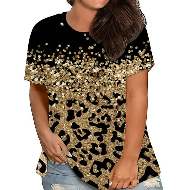 ZZwxWA Fashion Leopard Print Womens Tops Plus Size Short Sleeve Round
