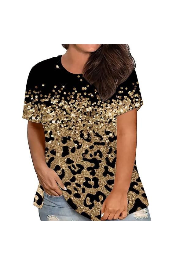 Fashion Leopard Print Womens Tops Plus Size Short Sleeve Round Neck Summer Pullover Cute T-Shirt Black XXXL