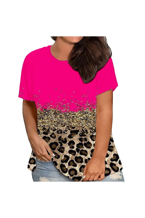Fashion Leopard Print Womens Tops Plus Size Short Sleeve Round Neck Summer Pullover Cute T-Shirt Hot Pink XXXXXL