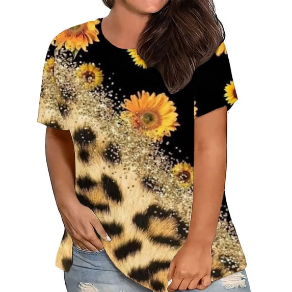 ZZwxWA Fashion Leopard Print Womens Tops Plus Size Short Sleeve Round Neck Summer Pullover Cute T-Shirt Yellow L