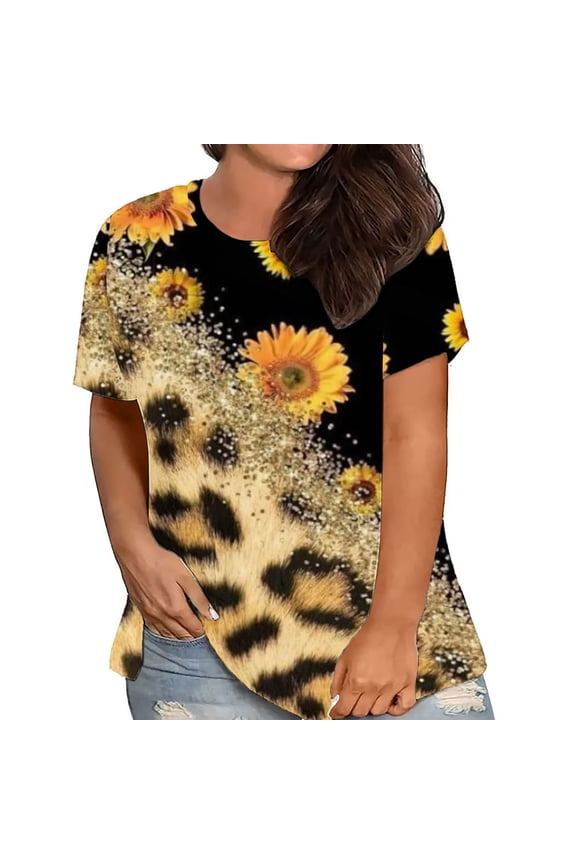 Fashion Leopard Print Womens Tops Plus Size Short Sleeve Round Neck Summer Pullover Cute T-Shirt Yellow XXXXXL