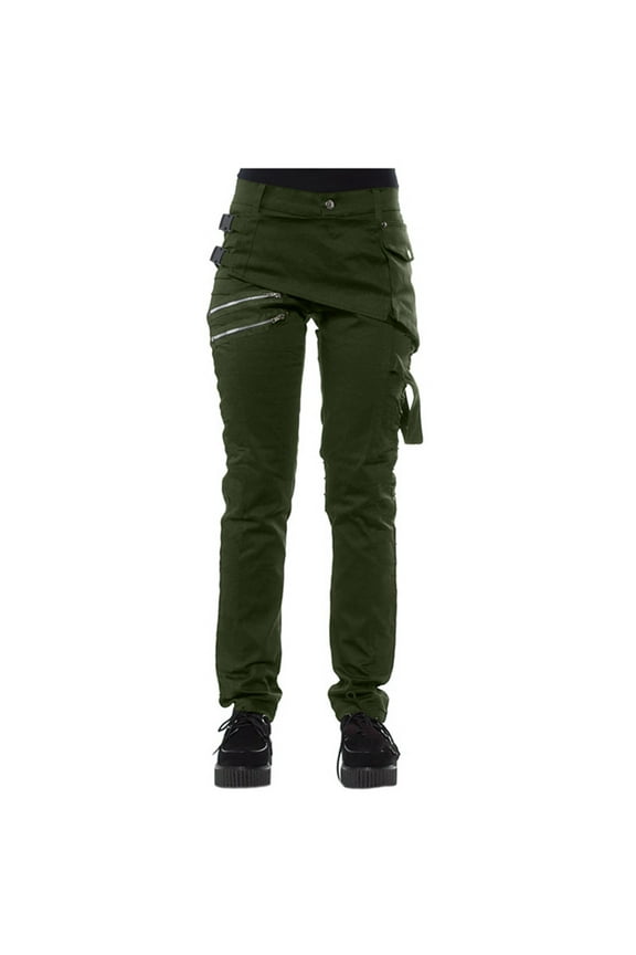 Fashion Womens 4-way Buckle Side Snap with Pocket Zipper Pleated Button Pants High Waist Long Pants Women Solid Casual Pants Straight Trousers On