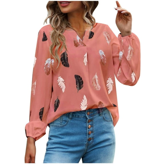 ZZwxWA Fashion Womens Loose Fit Cute Party Tops Oversize Comfortable Blouse Feather Print Womens Tops Dressy Long Sleeve Tunic Tops V-Neck T-shirts On
