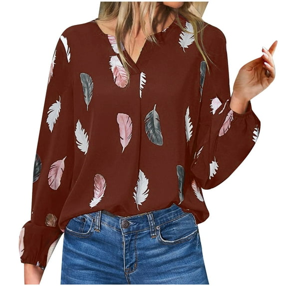 ZZwxWA Fashion Womens Loose Fit Cute Party Tops Oversize Comfortable Blouse Feather Print Womens Tops Dressy Long Sleeve Tunic Tops V-Neck T-shirts On