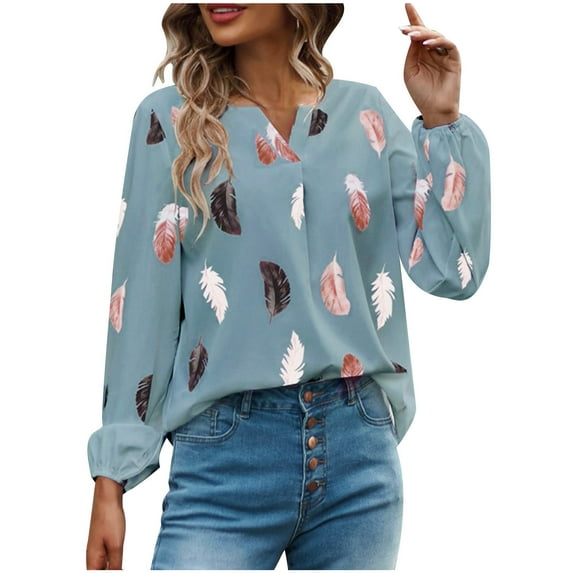 ZZwxWA Fashion Womens Loose Fit Cute Party Tops Oversize Comfortable Blouse Feather Print Womens Tops Dressy Long Sleeve Tunic Tops V-Neck T-shirts On Sale