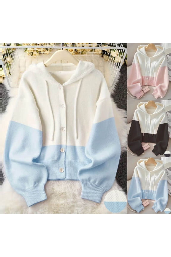 Fashion Womens Sweater Drawstring Hooded Patchwork Knit Cardigan Wool Blended Single Breasted Sweater Jackets Button Down