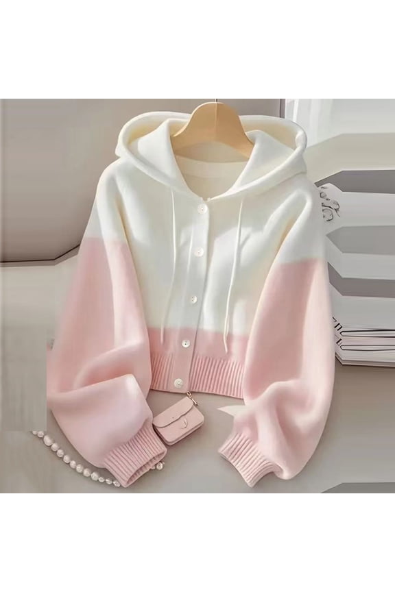 Fashion Womens Sweater Drawstring Hooded Patchwork Knit Cardigan Wool Blended Single Breasted Sweater Jackets Button Down