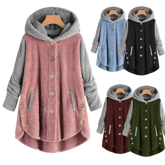 ZZwxWA Fleece Jacket Women with Hood Button Down Hoodie Long Sleeve Color Block Top Winter Warm Coat Plus Size Loose Fit Loungewear with Hooded