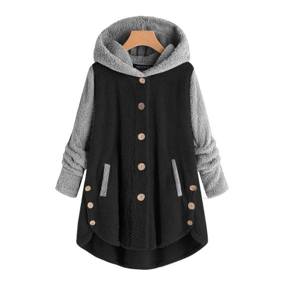 ZZwxWA Fleece Jacket Women with Hood Button Down Hoodie Long Sleeve Color Block Top Winter Warm Coat Plus Size Loose Fit Loungewear with Hooded