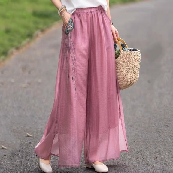 ZZwxWA Flowy Palazzo Dress Pants for Women Fashion Fall Wide Leg Boho Embroidery Plus Size Mesh Pant Elastic Waist Trousers