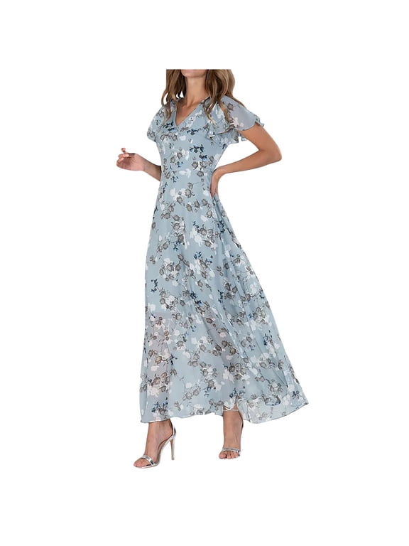 Formal Dresses for Women Short Sleeve Plus Size Ruffle Chiffon High Waist Summer Elegant Evening Cocktail Party Dance Club Floral Print Long Dress V-Neck Dresses Light Blue XXXL