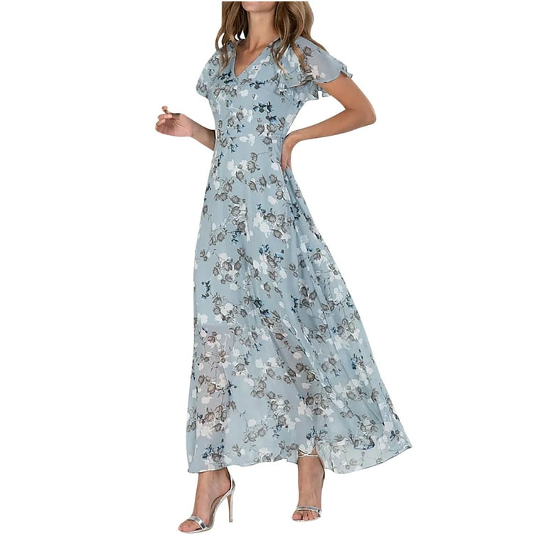 Chiffon V Neck Short Sleeve High Waist Floral Dresses Chiffon V Neck Short Sleeve High Waist Floral Dresses