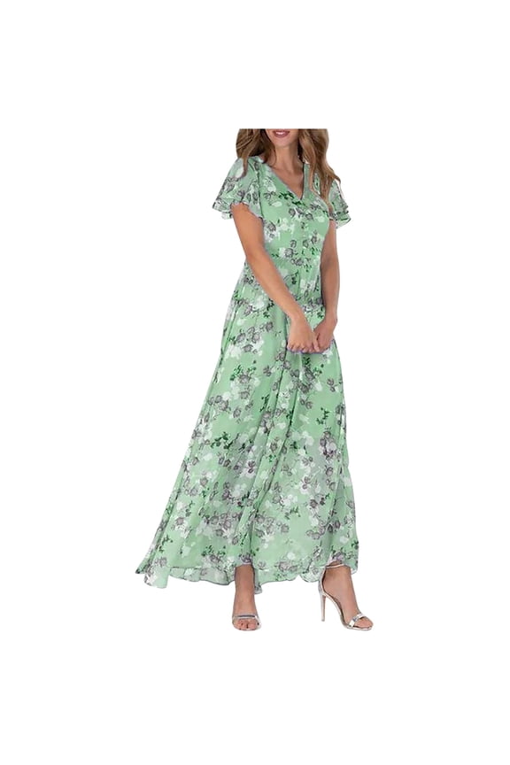 Formal Dresses for Women Short Sleeve Plus Size Ruffle Chiffon High Waist Summer Elegant Evening Cocktail Party Dance Club Floral Print Long Dress V-Neck Dresses Green XXL