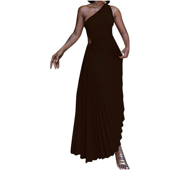 ZZwxWA Formal Dresses for Women Sleeveless Fashion Pleated Hollow Out High Waist Swing Evening Cocktail Party Cute Formal Gown Solid Long Dress One Shoulder Dresses Black XXL