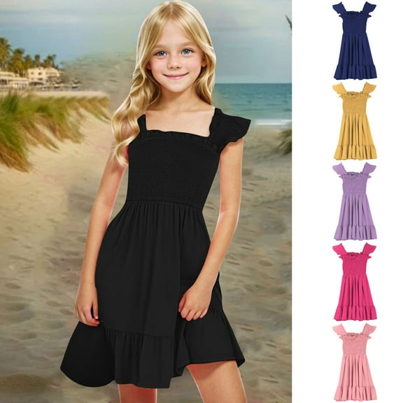 ZZwxWA Girls Summer Dresses Kids Cute Ruffle Sleeve Smocked A-line Dress 7-14 Years Square Neck Off Shoulder Dress with Pockets Tween Sundress Holiday