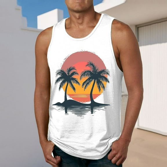 ZZwxWA Graphic Tank Tops for Men Sleeveless Palm Tree Shirts Pullover Loose Running Workout Tops Muscle Vest Holiday
