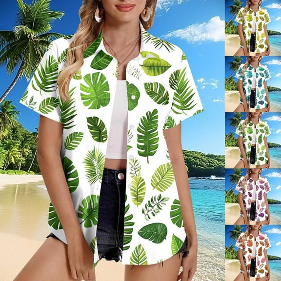 ZZwxWA Hawaiian Shirts for Women Soft Cool Summer Hawaii Shirts Floral Tropic Print V Neck T-Shirt Short Sleeve Button Up Tops 2025