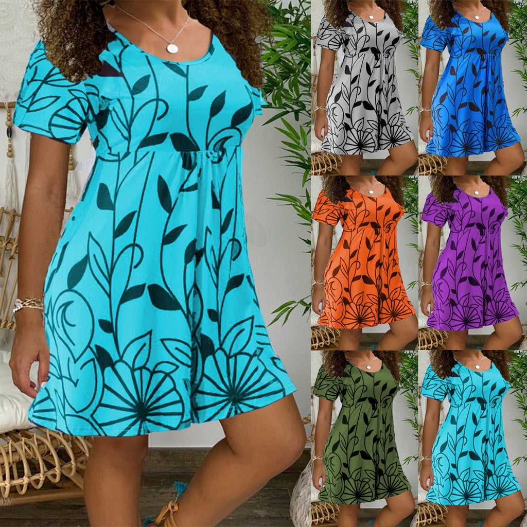 High Waist Dresses for Women Summer Boho Floral Print Mini Dress Vacation Beach Casual Soft Short Sleeve Sundress