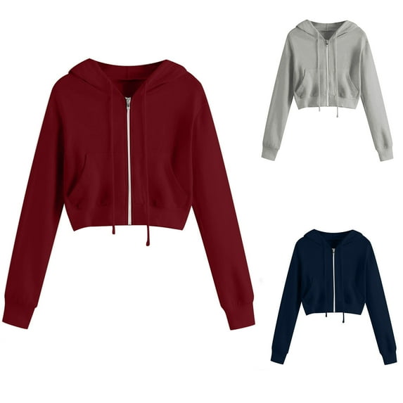 ZZwxWA Hoodies for Women, Solid Zip Up Hoodies Cropped Tops Teen Girls Cute Crop Jackets Casual Loose Hooded Sweatshirts 2025