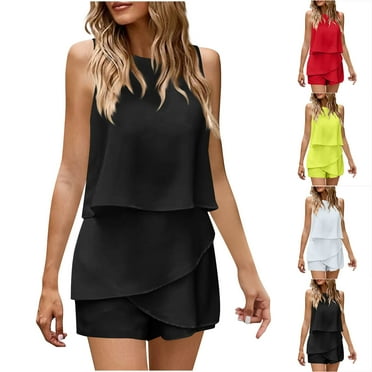 ZZwxWA Jumpsuits for Women Casual Ruffle Chiffon Sleeveless Rompers 2025 Summer Beach Vacation Jumpsuit Solid Tiered Romper