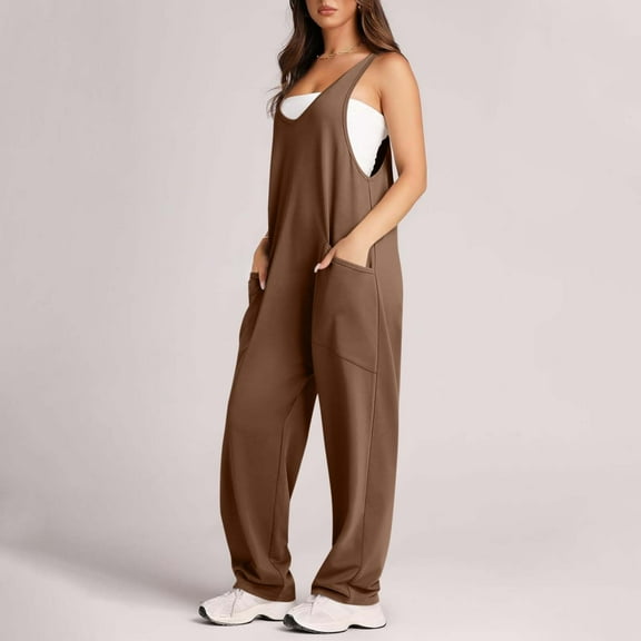 ZZwxWA Jumpsuits for Women Casual Summer Dressy Sleeveless Overalls Long Loose Baggy Rompers Jumpers with Pockets 2025 Solid Color