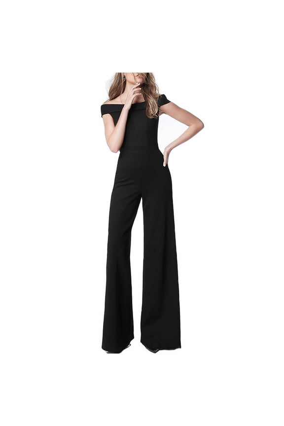 Jumpsuits for Women Dressy - Elegant Off Shoulder High Waisted Wide Leg Pants Formal Cocktail Party Jumpsuit Rompers Solid Color
