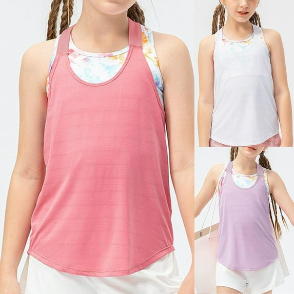 ZZwxWA Kids Curved Hem Sleeveless Workout Shirts Sports Athletic Tank Top Gym Tops 5-15Years Girls' Fashion Solid Color Loose Camisole Online Shopping