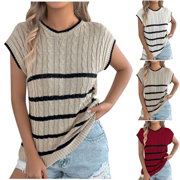 ZZwxWA Knit Sweater for Women Casual Short Sleeve Crew Neck Blouse Fashion Cap Sleeve Striped Printed Tops Fall Layer Tops