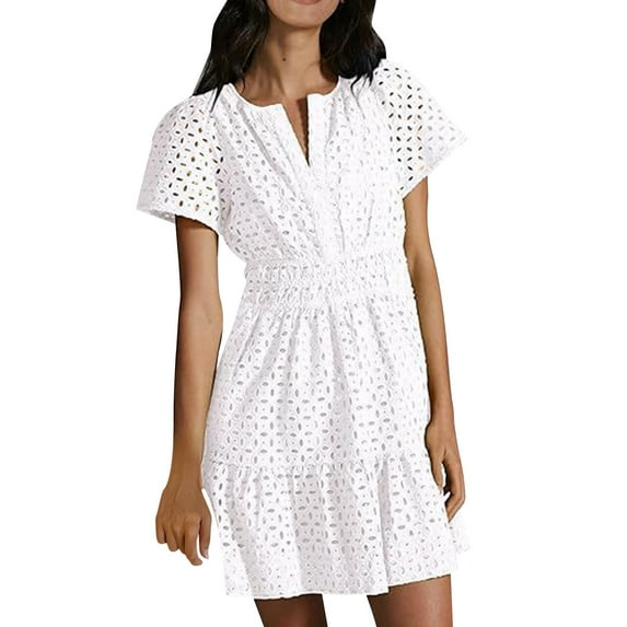 ZZwxWA Lace Eyelet Mini Dress for Women 2025 Casual V Neck Short Sleeve Smocked Waist Tiered Boho Sun Dresses