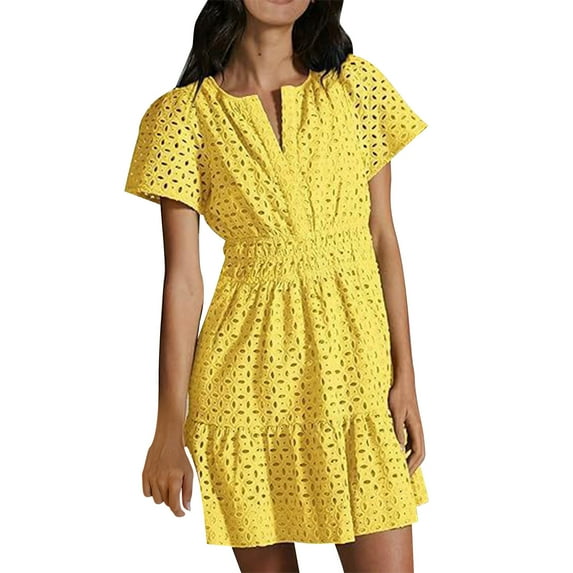ZZwxWA Lace Eyelet Mini Dress for Women 2025 Casual V Neck Short Sleeve Smocked Waist Tiered Boho Sun Dresses