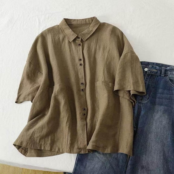 ZZwxWA Ladies Button Down Blouse Women's Vintage Comfortable Casual Loose Solid Color Blouse Women Short Sleeve Tops