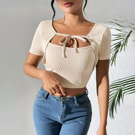 ZZwxWA Ladies' Casual Solid Color Fake Two-piece Lace Up Short Sleeved Top Womens Square Neck Spring Summer Tops Solid Color