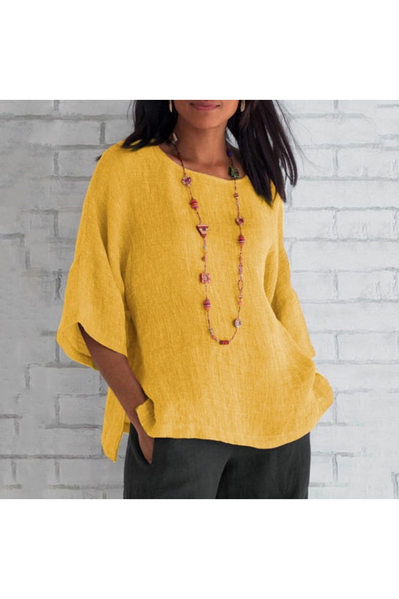 Ladies Cotton Linen Wide Short Sleeve Womens Tops Solid Oversize Round Neck Fashion Blouse Loose Fit Summer Casual Pullover T-Shirt Yellow XXXL