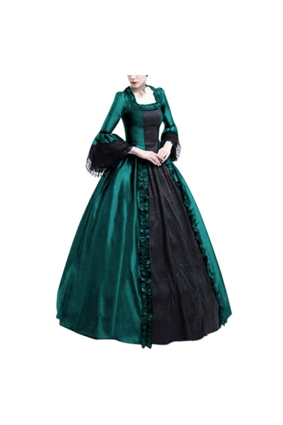 Ladies Summer Dresses 2025 A-Line Dress Color Patchwork Square Neck Long Sleeve Oversize Lace Patchwork Bell Swing Flowy Ruffle Edge Court Style Gothic Vintage Dance Gown Dresses Green M