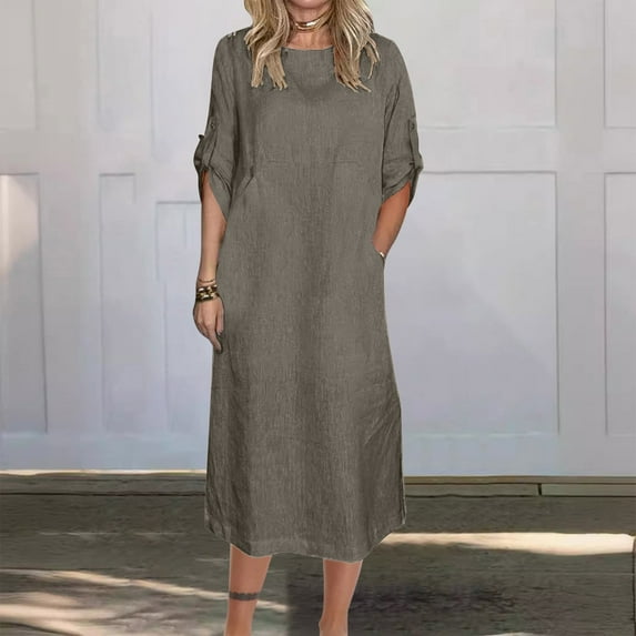ZZwxWA Linen Maxi Shirt Dress for Womens Casual Long Sleeve Crew Neck Boho Dresses with Pockets Loose Women's Sundress