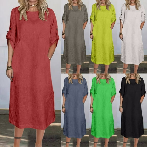 ZZwxWA Linen Maxi Shirt Dress for Womens Casual Long Sleeve Crew Neck Boho Dresses with Pockets Loose Women's Sundress