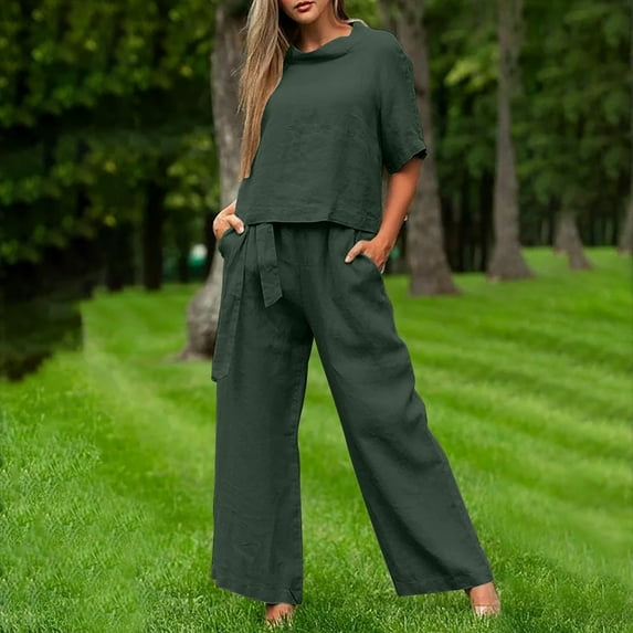 ZZwxWA Linen Pant Suits for Women Cotton Linen Summer Vacation Outfit Sets Short Sleeve Tops Wide Leg Pants Matching Lounge Set