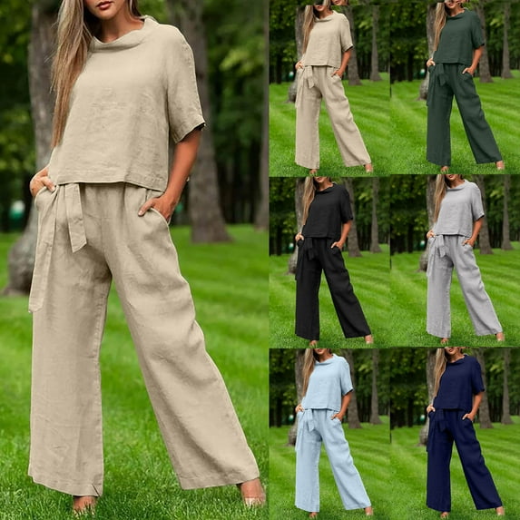 ZZwxWA Linen Pant Suits for Women Cotton Linen Summer Vacation Outfit Sets Short Sleeve Tops Wide Leg Pants Matching Lounge Set