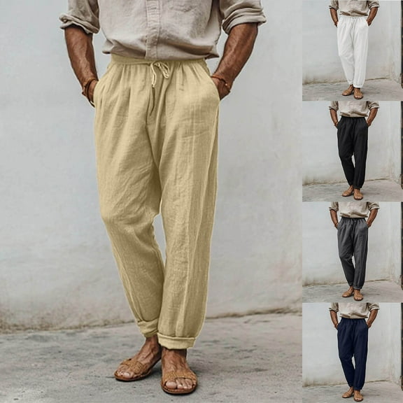 ZZwxWA Linen Pants Men, Lightweight Drawstring Mens Casual Pants Relaxed Fit Summer Beach Trousers with Pockets Elastic Waist Drawstring Holiday Saving