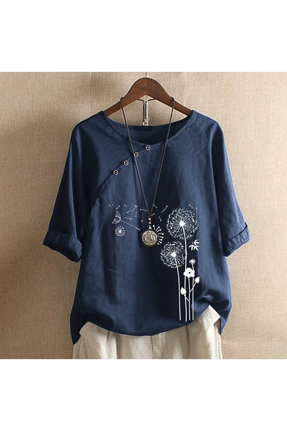Linen Shirts for Women, 2025 Summer Crinkle Gauze Cotton Tops Blouse Floral Print Short Sleeve Button Tee Round Neck Shirts